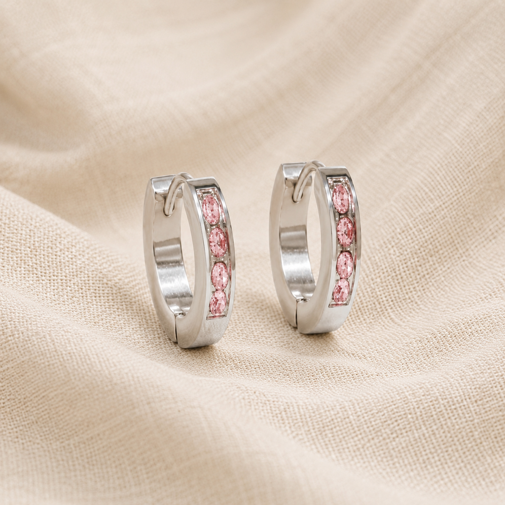 ARETES HUGGIE PINK STONES